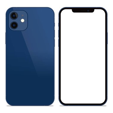 Anapa, Rusya Federasyonu - 20 Ekim 2020: New Blue Color Iphone 12, ön ve arka taraf. Akıllı telefon beyaz ekran ile modellenir. Uygulama, web, sunum, tasarım.