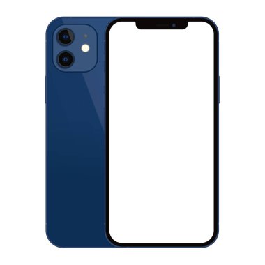 Anapa, Rusya Federasyonu - 20 Ekim 2020: New Blue Color Iphone 12, ön ve arka taraf. Akıllı telefon beyaz ekran ile modellenir. Uygulama, web, sunum, tasarım.