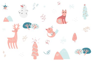 Kardan adam, geyik, tilki, kuş, dağlar ve Noel ağaçlarıyla çocuksu bir geçmişi var. El çizimi, eski tarz. 