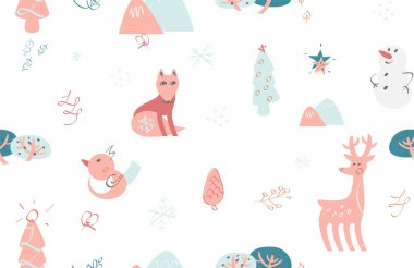 Kusursuz desen. Kardan adam, geyik, tilki, kuş, dağlar ve Noel ağaçlarıyla çocuksu bir geçmişi var. El çizimi, dekorasyon için klasik tarz, ambalaj kağıdı, tekstil, kumaş, duvar kağıdı. 