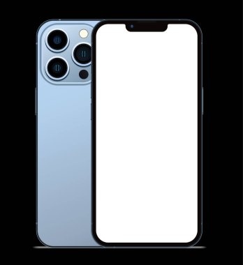 Anapa, Rusya Federasyonu - 14 Eylül 2021: New Sierra Blue Color Iphone 13 Pro, Front and back. Akıllı telefon, beyaz ekran bir siyah arka plan ile modellenir. Uygulama, web, tasarım için illüstrasyon.