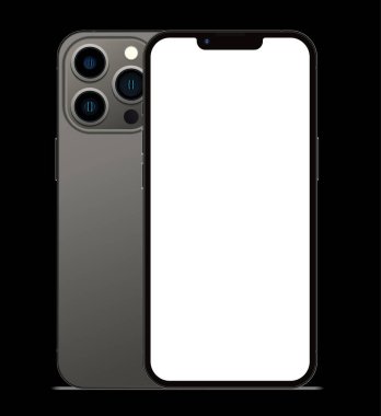 Anapa, Rusya Federasyonu - 14 Eylül 2021: Yeni Graphite Color Iphone 13 Pro, Front and back. Akıllı telefon, beyaz ekran bir siyah arka plan ile modellenir. Uygulama, web, tasarım için illüstrasyon.
