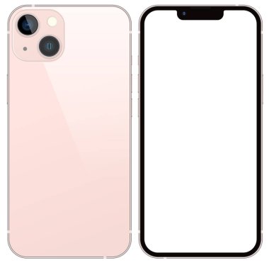 Anapa, Rusya Federasyonu - 17 Eylül 2021: Yeni Pembe Bitiş Rengi Iphone 13, Ön ve Arka taraf. Akıllı telefon beyaz ekran ile modellenir. Uygulama, web, sunum, tasarım.