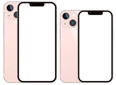 Anapa, Rusya Federasyonu - 17 Eylül 2021: Yeni Pembe Renkli Iphone 13 ve Iphone 13 Mini, ön ve arka taraf. Akıllı telefon beyaz ekran ile modellenir. Uygulama, web, sunum için resim