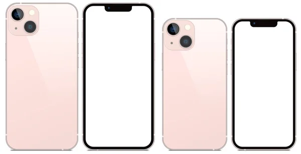 Anapa ロシア連邦 2021年9月17日 新しいピンク仕上げカラーIphone 13とIphone 13ミニ フロントとバックサイド スマートフォンは白い画面でモックアップします アプリ ウェブ — ストック写真