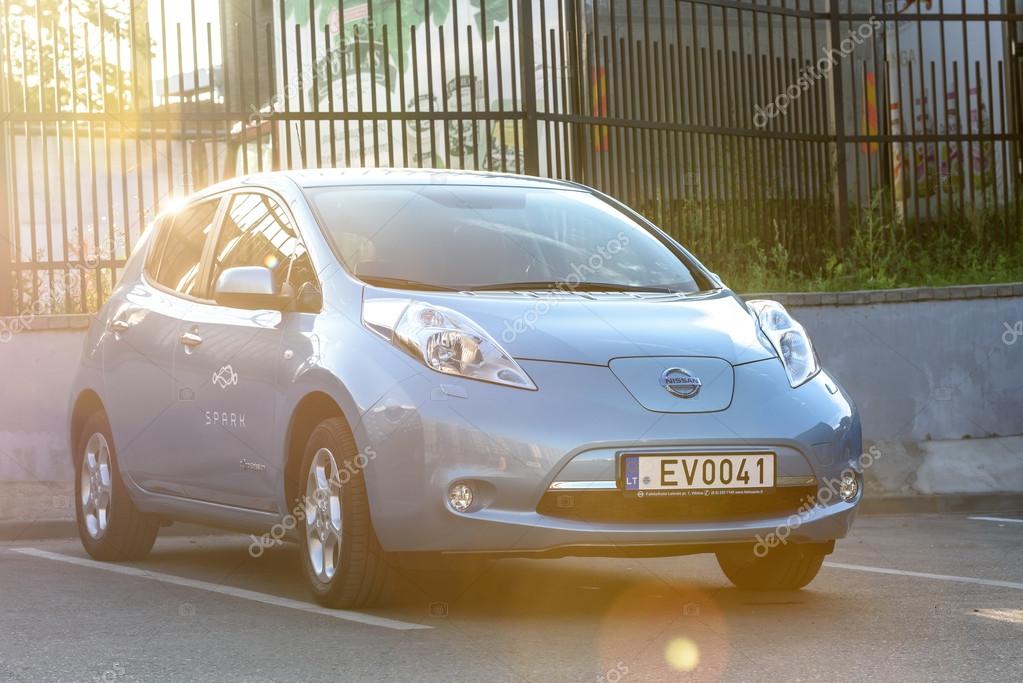 VILNIUS, LITHUANIA - AUGUST 05, 2016: All-electric car exterior. Nissan Leaf is the first mass-produced electric car.