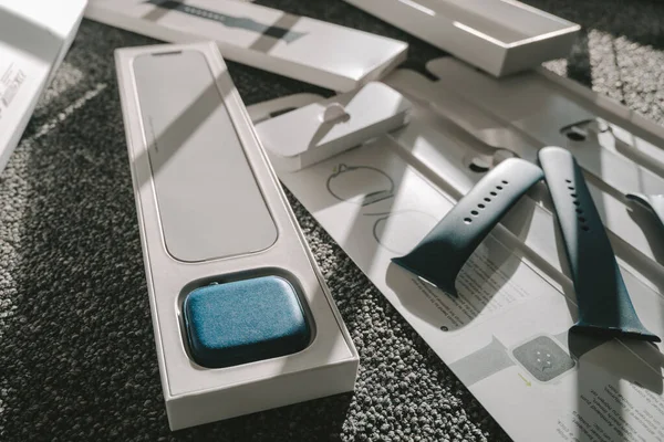 Kaunas Lithuania December 2020 Unboxing New Apple Watch Series Blue — стокове фото