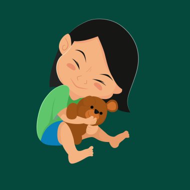 Çocuk bir bebek sarılmak. Vektör çizim.