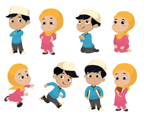 Conjunto de niños musulmanes haciendo actividades.vector e ilustración — Vector de stock