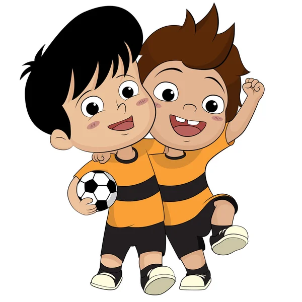 子供のサッカー漫画。2 つのフレンドリーな子供の勝利を得たし、峠を歩いた — ストックベクタ