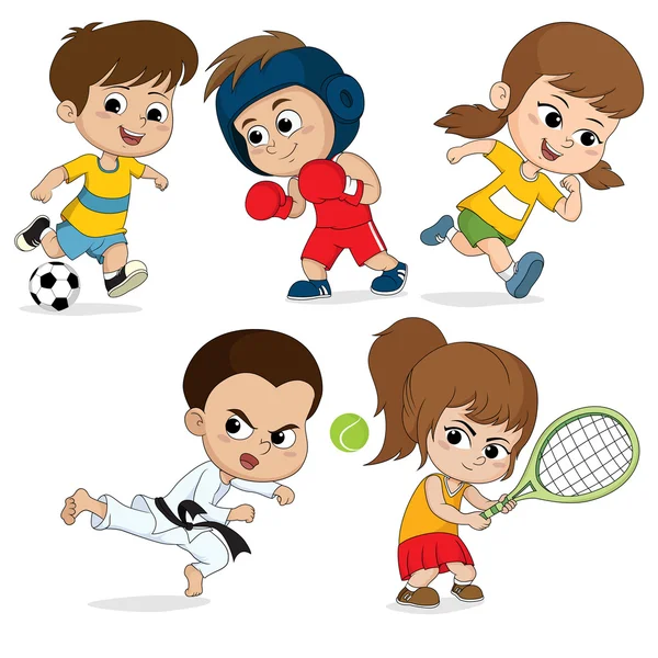 Enfant football, taekwondo, boxe, course, te — Image vectorielle