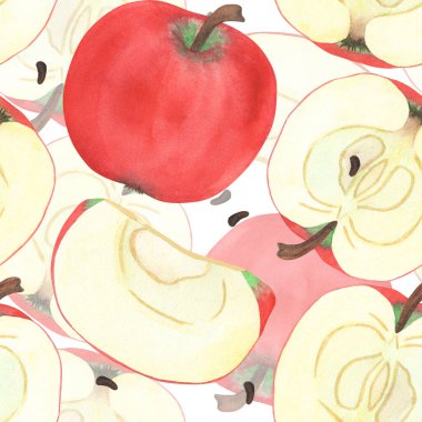 Elma, dilim ve yarım elle çizilmiş suluboya, dikişsiz bir şekil. Olgun, gerçekçi mevsimlik meyve
