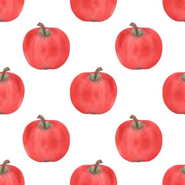 Elma, dilim ve yarım elle çizilmiş suluboya, dikişsiz bir şekil. Olgun, gerçekçi mevsimlik meyve