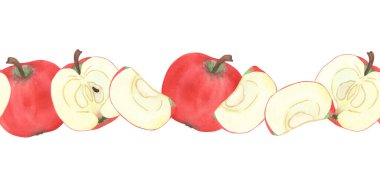 Elma, dilim ve yarısı elle çizilmiş suluboya, dikişsiz pankart. Olgun, gerçekçi mevsimlik meyve