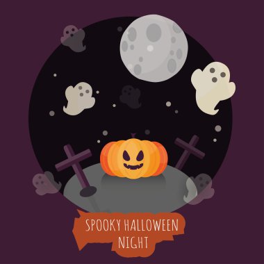 Spooky halloween gece konsept illüstrasyon. gece yıldız ile mezar taşı mezarlık ve ay ve ay ışığı, mistik hayaletler. Cadılar Bayramı Balkabağı yüzü düz tasarım ile sembolü