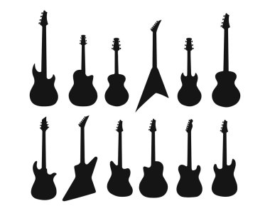Çeşitli gitar siluetleri kümesi. Bas, elektrik gitar, akustik, elektroakustik