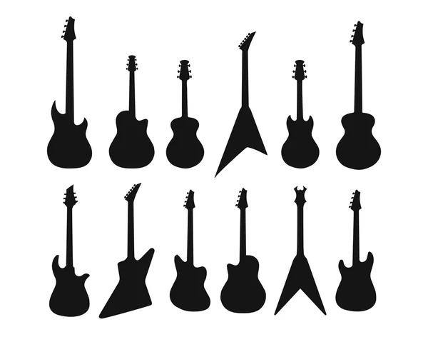 Un conjunto de siluetas de varias guitarras. Bajo, guitarra eléctrica, acústica — Vector de stock