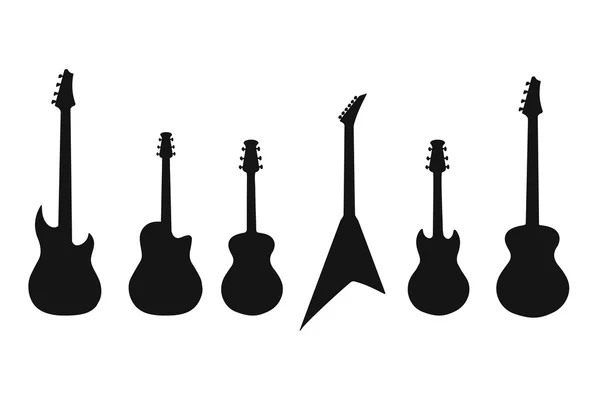 Eine Reihe von Silhouetten verschiedener Gitarren. Bass, E-Gitarre, Akustik, Elektroakustik — Stockvektor