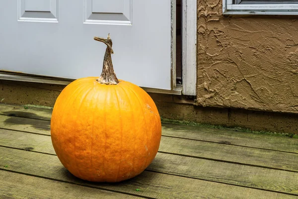 Grande Citrouille Orange Porche Porte Blanche Pour Décoration Halloween — Photo