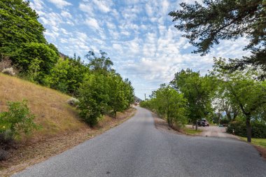 PEACHLAND, CANADA - Ağustos 01, 2020: Okanagan Gölü İl Parkı Kuzey Kampı 'ndaki asfalt yol kamp alanı.