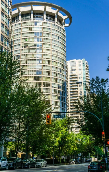 Vancouver Canadá Julio 2019 Downtown Modern Architecture Árboles Verdes Calle — Foto de Stock