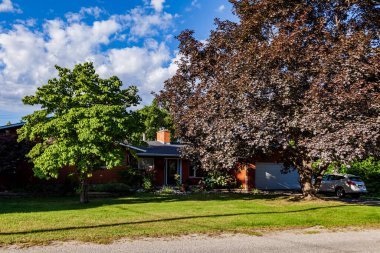 NARAMATA, CANADA - 5 HAZİRAN 2020: Çiçek açan çiçeklerle garaj yoluna park edilmiş arabası olan bir aile evi