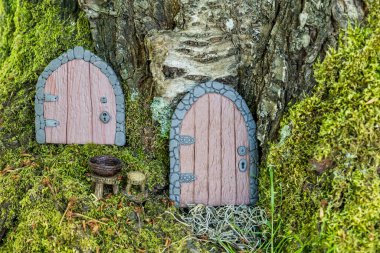 Ağaçtaki polimer çamurdan yapılmış küçük kapılar peri evi gibi yakın..