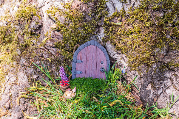 small doors made of polymer clay on a tree snack nature toy food made with clay.