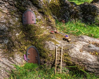 Peri evi ya da elf evi. Ağaçtaki polimer çamurdan yapılmış küçük kapıyı kapat..