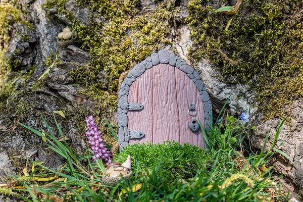Petites portes et champignons dans un panier fait d'argile polymère sur un arbre comme une maison de fées close up — Photo