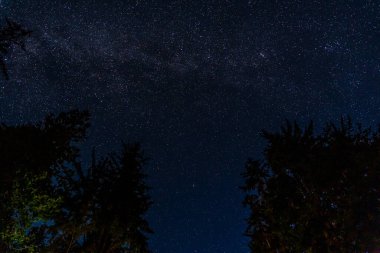 Galaksi yıldızlarıyla dolu gece gökyüzü koyu mavi alan arkaplanı.