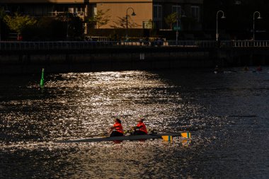 VANCOUVER, Kanada - 30 Nisan 2025: False Creek güneşli bahar günü Ejderha Teknesi yarışı eğitimi
