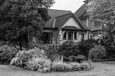 VANCOUVER, CANADA - MAYIS 06, 2025: aile evleri ve yemyeşil alanlar olan siyah-beyaz yerleşim evleri