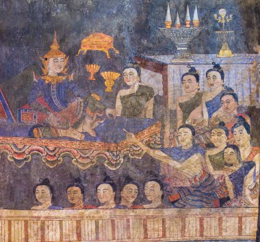 Nan, Tayland Wat Phumin Tapınağı tapınak duvarındaki bir kadının kulağına fısıldayan bir adam ünlü duvar boyama