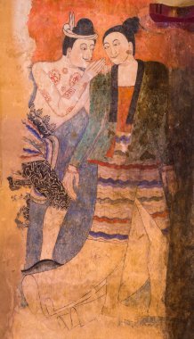 Nan, Tayland Wat Phumin Tapınağı tapınak duvarındaki bir kadının kulağına fısıldayan bir adam ünlü duvar boyama
