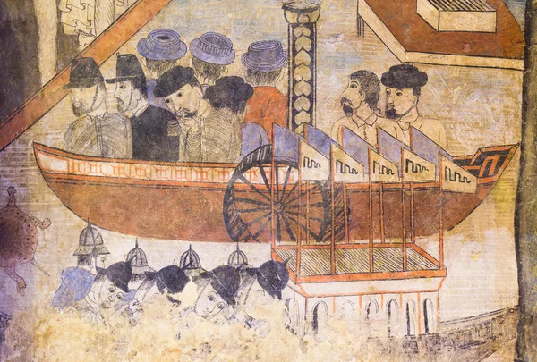 Nan, Tayland Wat Phumin Tapınağı tapınak duvarındaki bir kadının kulağına fısıldayan bir adam ünlü duvar boyama