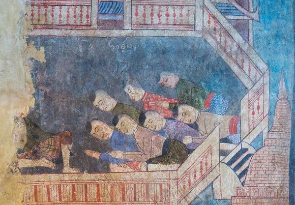 Nan, Tayland Wat Phumin Tapınağı tapınak duvarındaki bir kadının kulağına fısıldayan bir adam ünlü duvar boyama