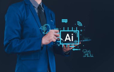 Ai teknolojisi, iş adamı akıllı robot yapay zeka derin öğrenme, teknoloji akıllı robot yapay zeka ajanları gösteriyor..