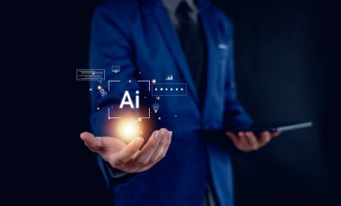 Ai teknolojisi, iş adamı akıllı robot yapay zeka derin öğrenme, teknoloji akıllı robot yapay zeka ajanları gösteriyor..