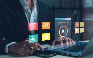 İş, veri yönetimi ve otomasyon teknolojisi için fütüristik dijital arayüze sahip yapay zeka yeniliği ve kurumsal üretkenlik çözümlerini destekleyen yapay zeka asistanı.