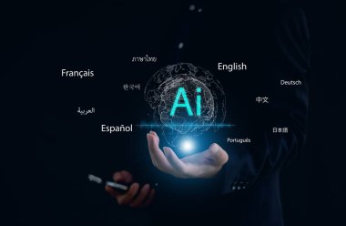 Birden fazla dünya dili ile yapay zeka küresel iletişim ve çeviri teknolojisi kavramı. Dijital yenilik, yapay zeka, küresel iş ve çok dilli bağlantı temaları için mükemmel.