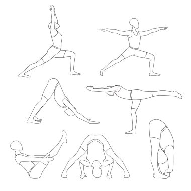 Yedi yoga pozlar ayarlayın. İnsan yoga yapıyor. Lineart koleksiyonu