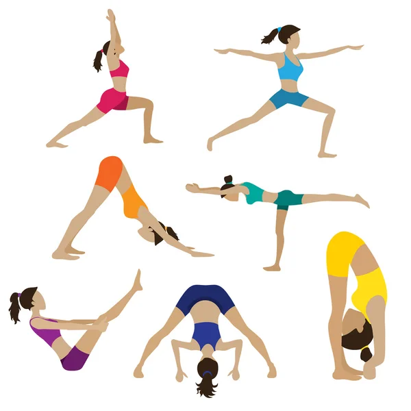 Ensemble de sept poses de yoga. Femme faisant du yoga — Image vectorielle