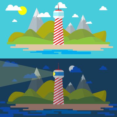 Ada deniz feneri illüstrasyon, yatay, düz. Gün ve yakın