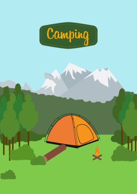 İllüstrasyon ile kamp çadır kamp, dağ ve orman arka plan üzerinde ateş