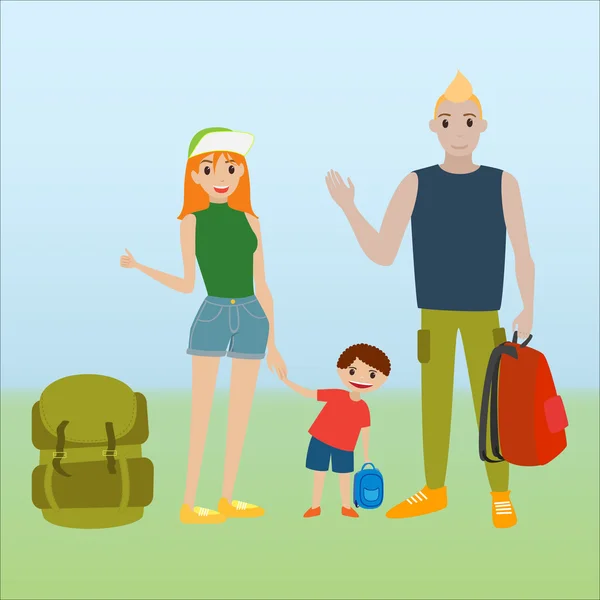 Familia viajera en amping — Vector de stock