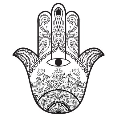 Etnik süsleme ile Hamsa kına dövme. Hint desen ile sayfa boyama için şablon.