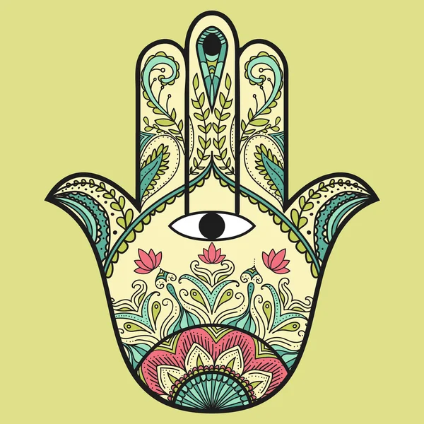 Hamsa henna tatuaż z etnicznych ornament. Kolorowy wzór indyjski. — Wektor stockowy