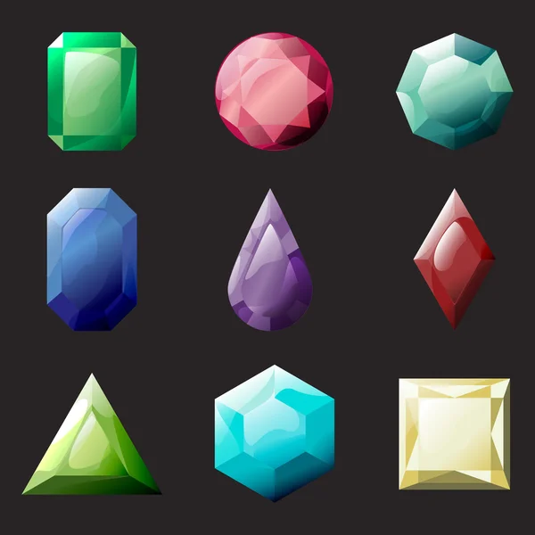 Conjunto de cristales de diferentes colores y formas, piedras preciosas, gemas, diamantes colección de activos de gui vectoriales para el diseño del juego . — Vector de stock