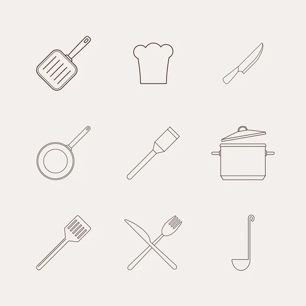 Keuken en restaurant keukengerei pictogrammenset. — Stockvector